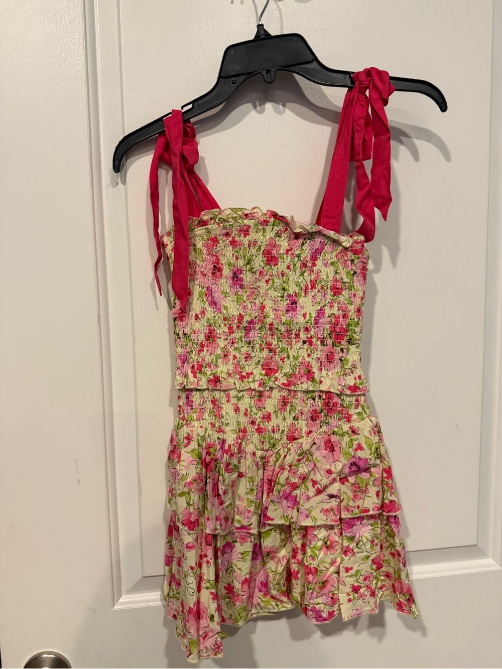 Katie J NYC Cream Floral Smocked Dress with Pink Tie-Straps